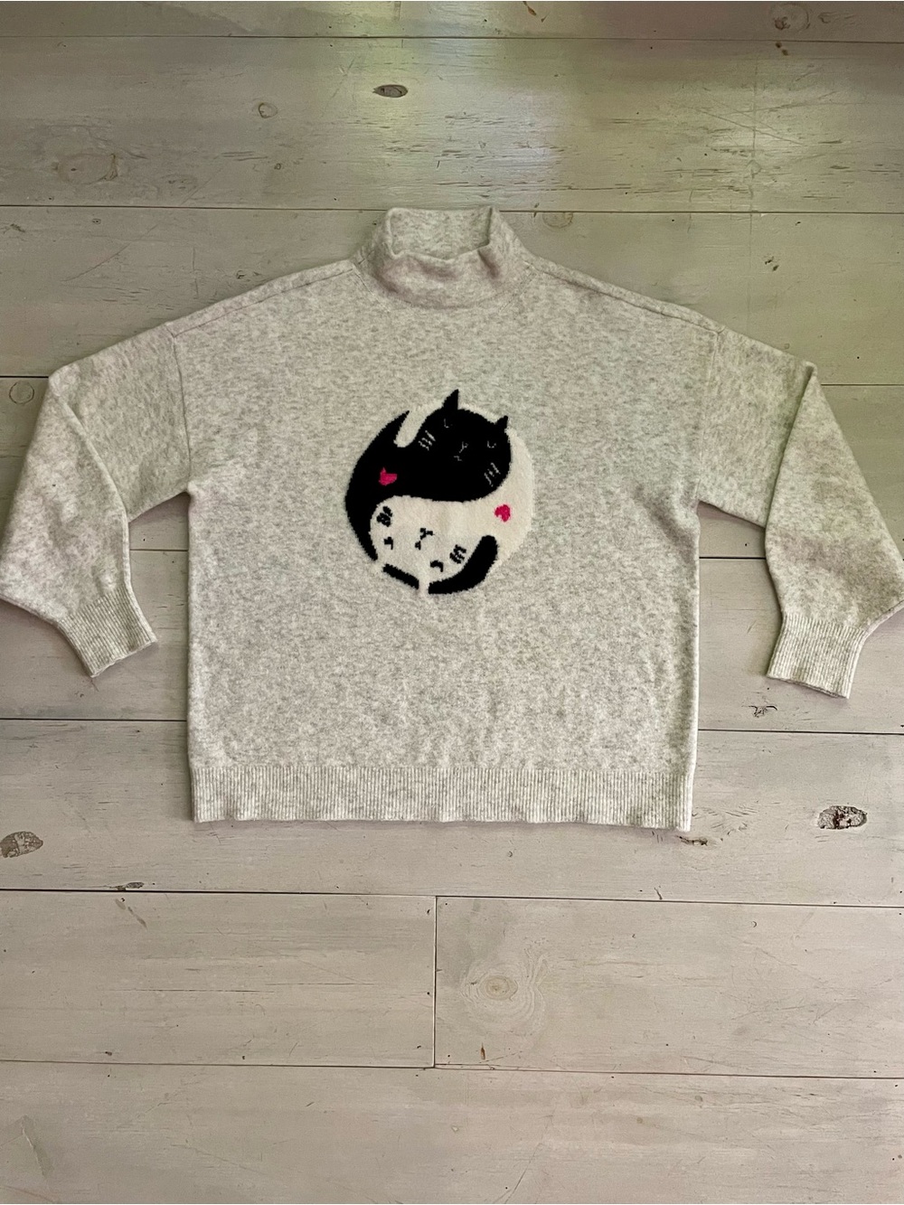 LOFT Light Heather Gray Yin Yang Black White Cats Cozy Wool Blend Sweater Sz XL